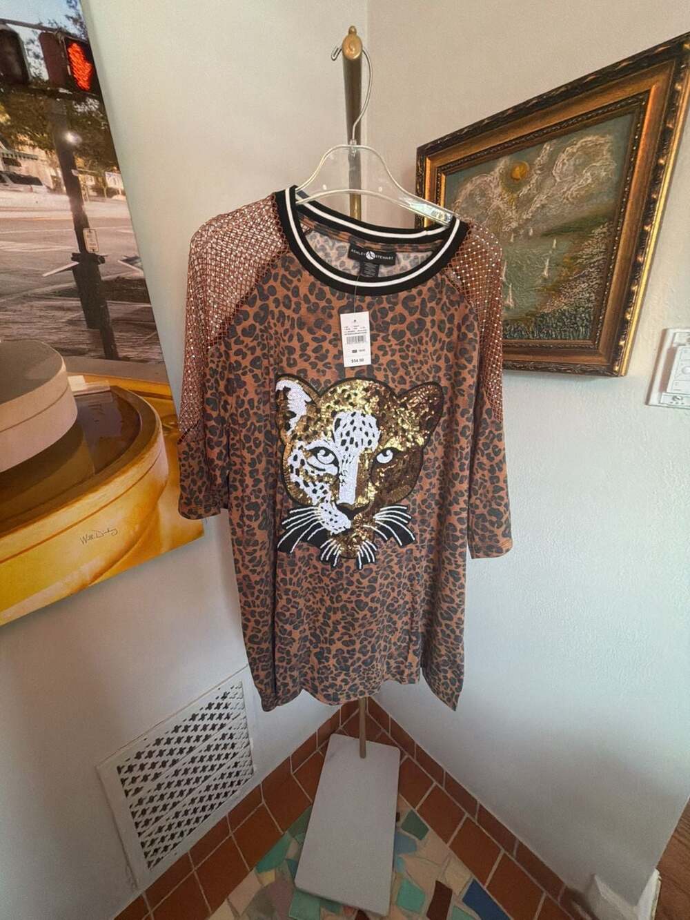 Ashley Stewart Brown Leopard Print Sequin Cat Graphic Mesh Sleeve T-Shirt - NWT
